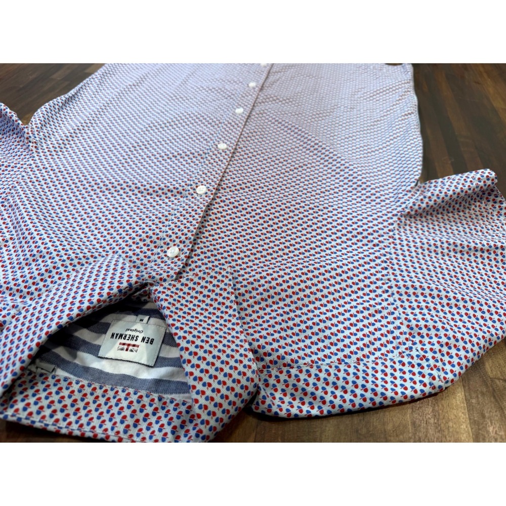 Ben Sherman Mens Medium White Red Blue Geometric Print Short Sleeve Button Down